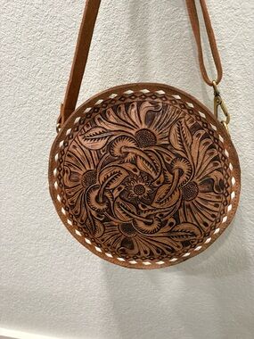 Hand-Tooled Round Leather Crossbody Bag in Tan
